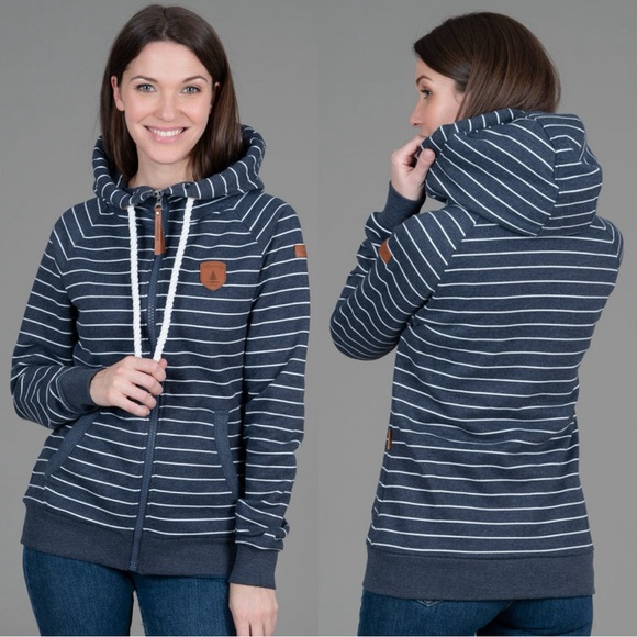 Wanakome Tops - SOLD | Wanakome Women’s Hera Zip Up Sweatshirt Hooded Longsleeve in Navy Stripe